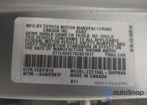 2003 Toyota Matrix Xr z USA, uszkodzony, nr VIN 2T1LR32E73C021077